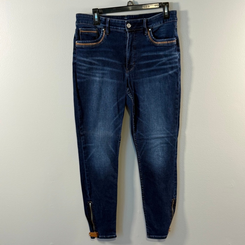WHBM Skinny Ankle Dark Wash Moto Jeans with Faux Leather Trim and Ankle Zips 12